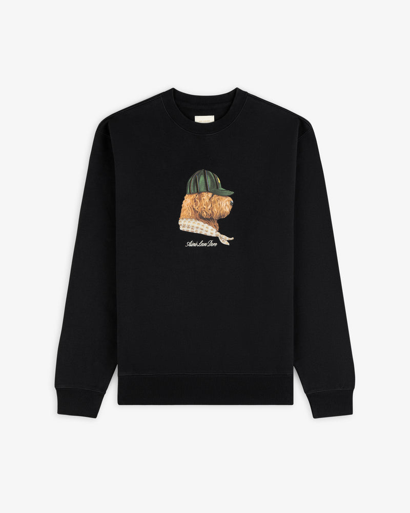 Buddy Crewneck Sweatshirt in black featuring a front embroidered dog with green cap and sweater.