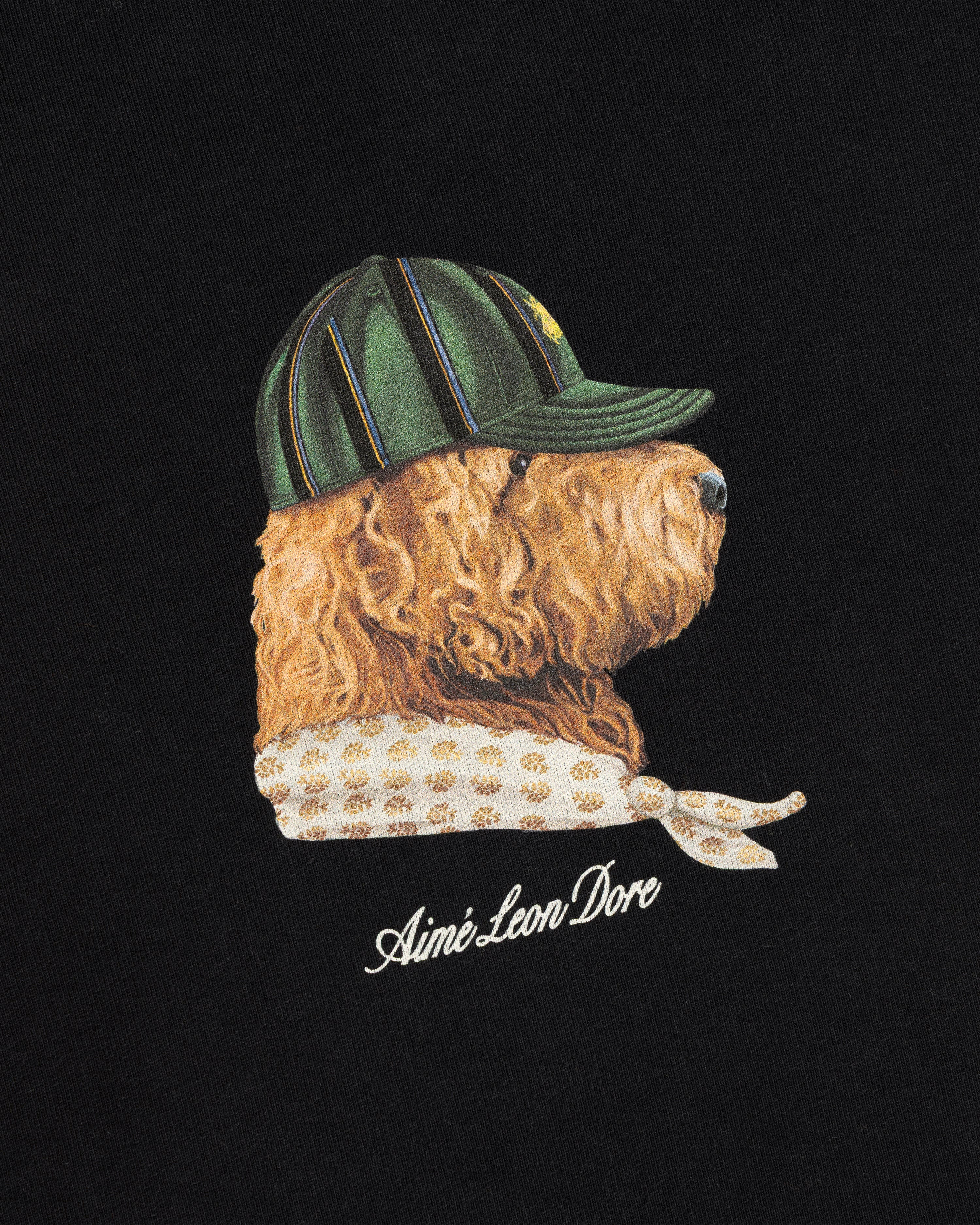 Dog in green cap & scarf, “Aimé Leon Dore” text below on black Buddy Crewneck Sweatshirt.