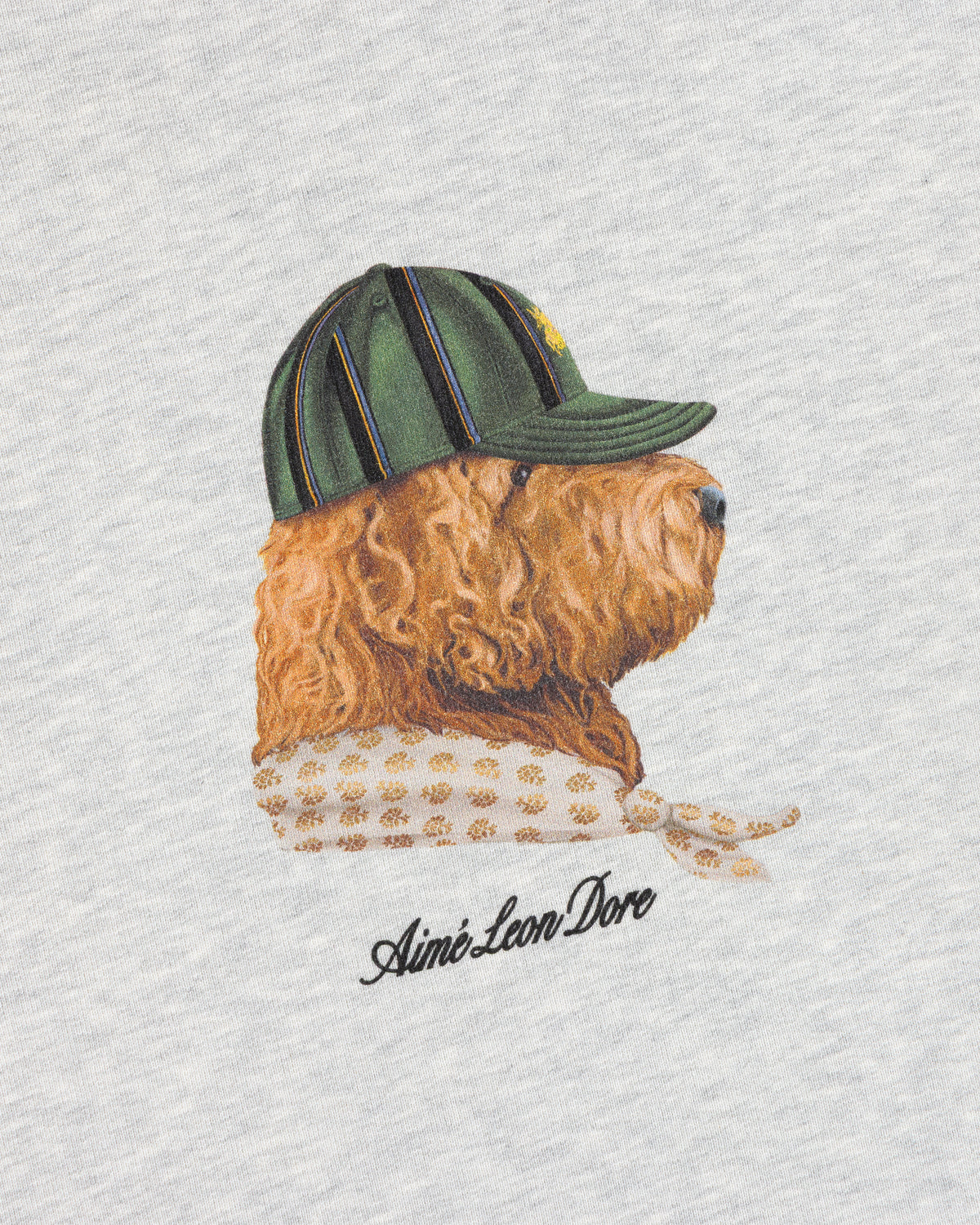 Buddy Crewneck Sweatshirt features an embroidered dog in a cap and scarf with Aimé Leon Dore on light gray fabric.