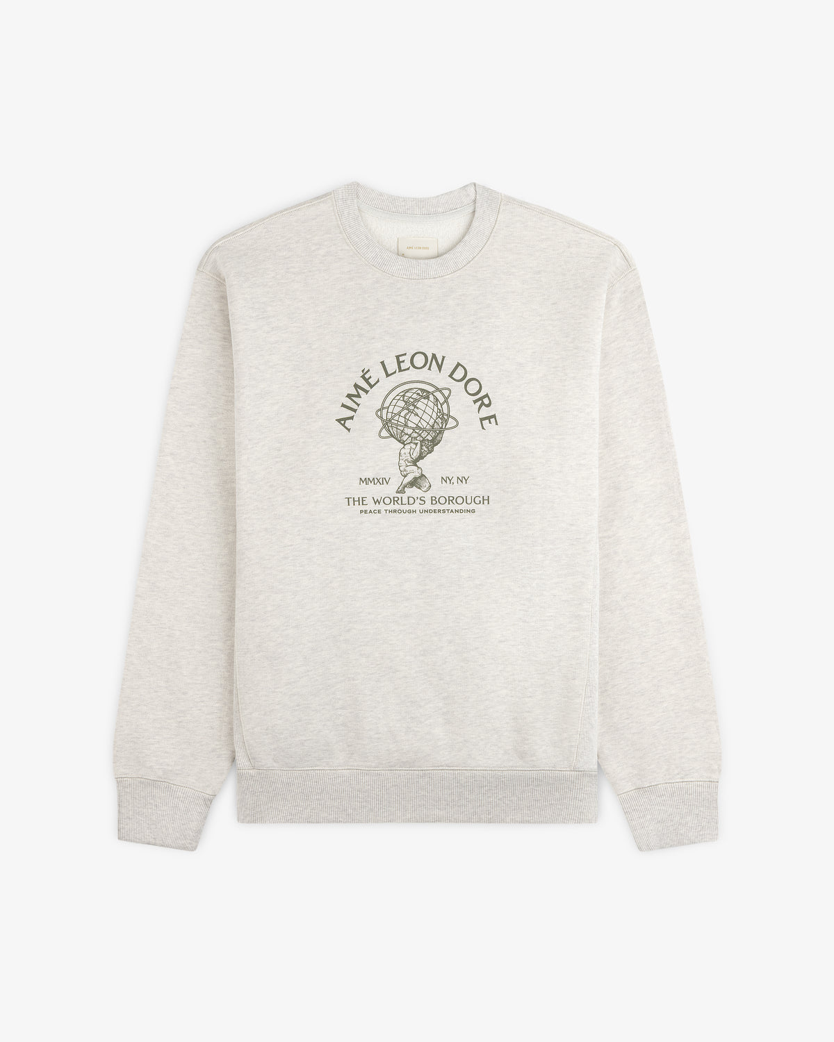 Light gray Atlas Crewneck Sweatshirt featuring a circular graphic of a figure holding a globe on the chest.
