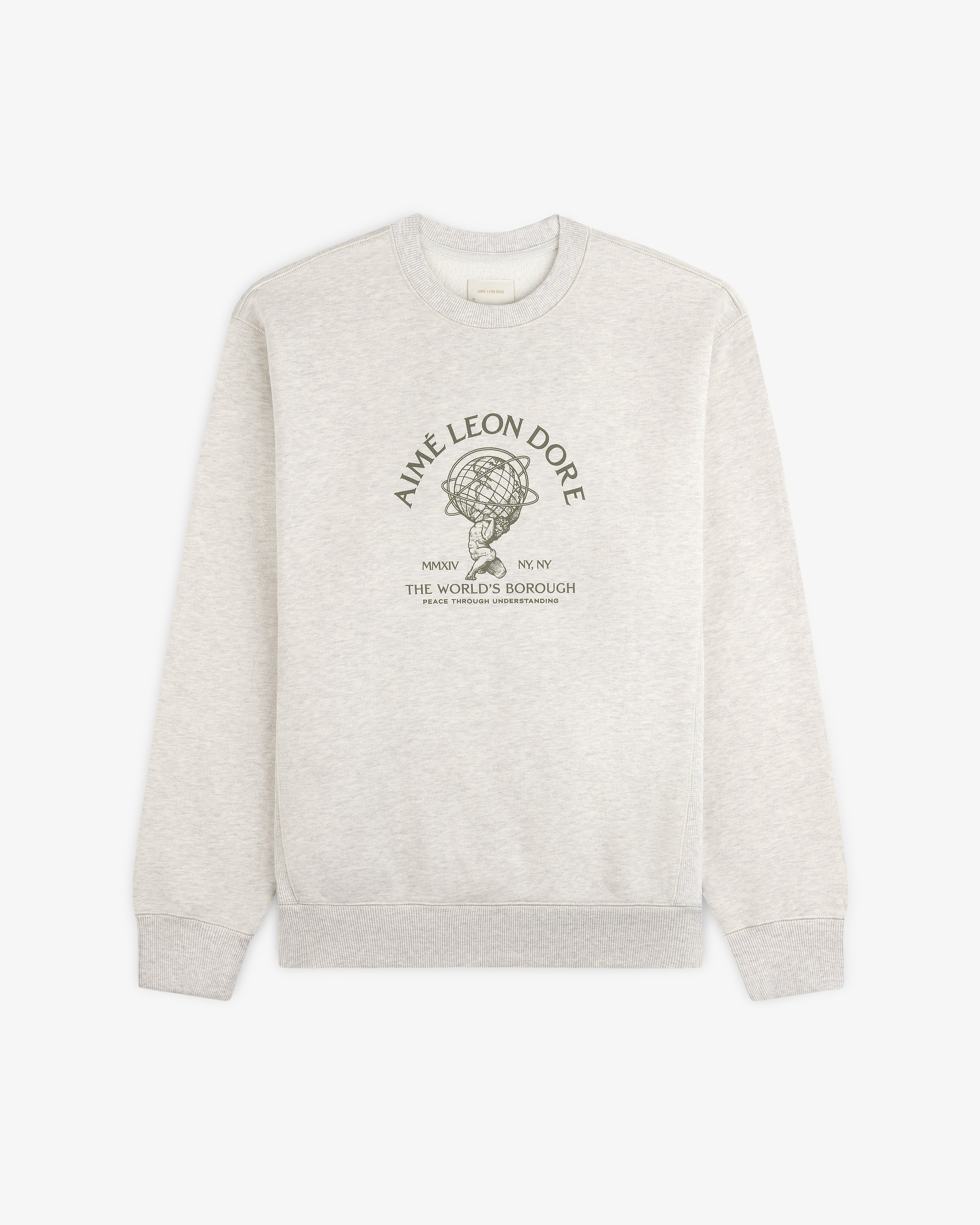 Light gray Atlas Crewneck Sweatshirt featuring a circular graphic of a figure holding a globe on the chest.