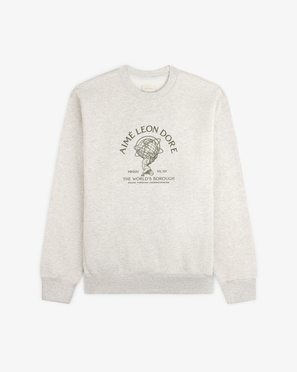 Light gray Atlas Crewneck Sweatshirt featuring a circular graphic of a figure holding a globe on the chest.
