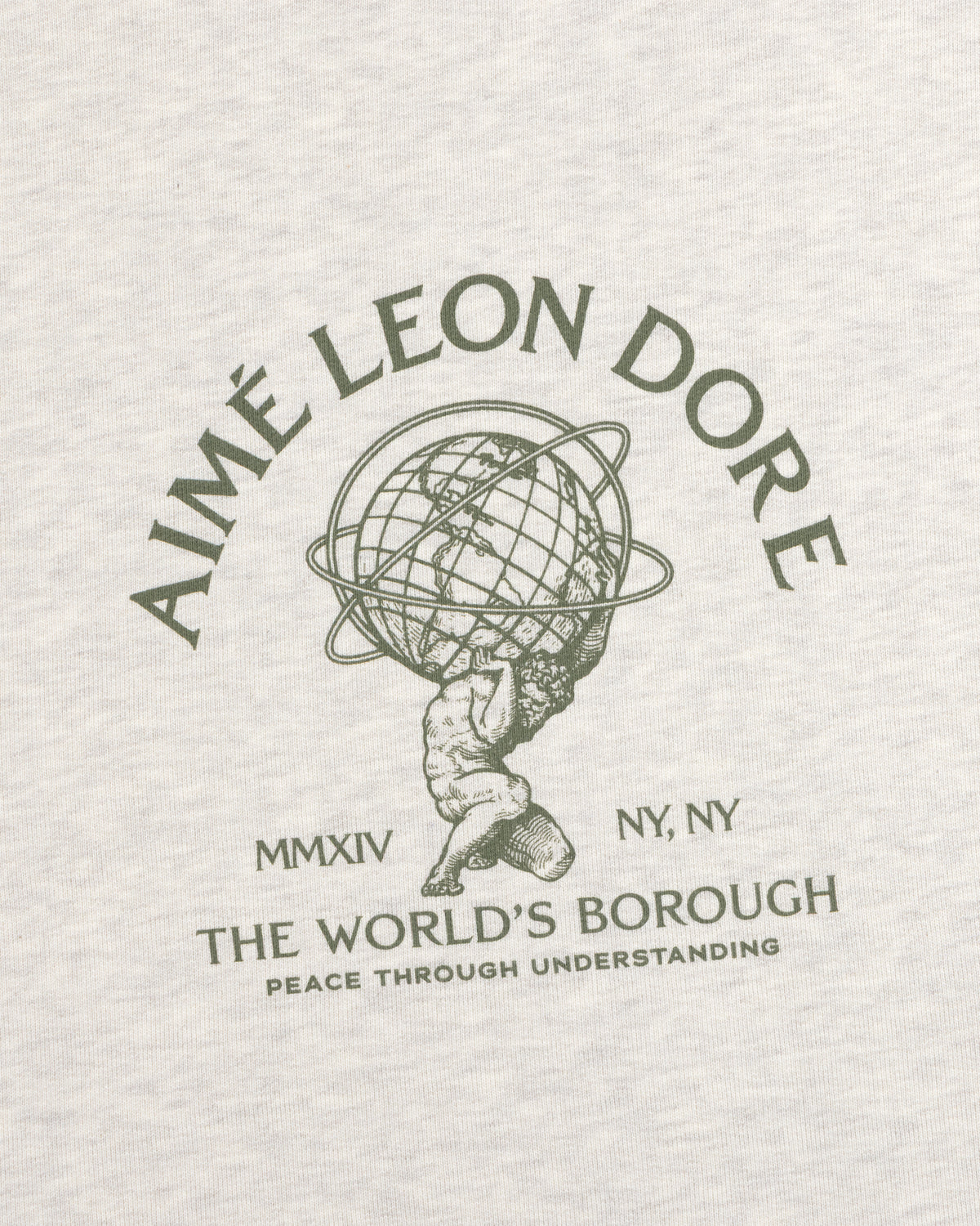 Atlas Crewneck Sweatshirt featuring Atlas holding a globe with Aimé Leon Dore, MMXIV, NY, NY, and The Worlds Borough text.