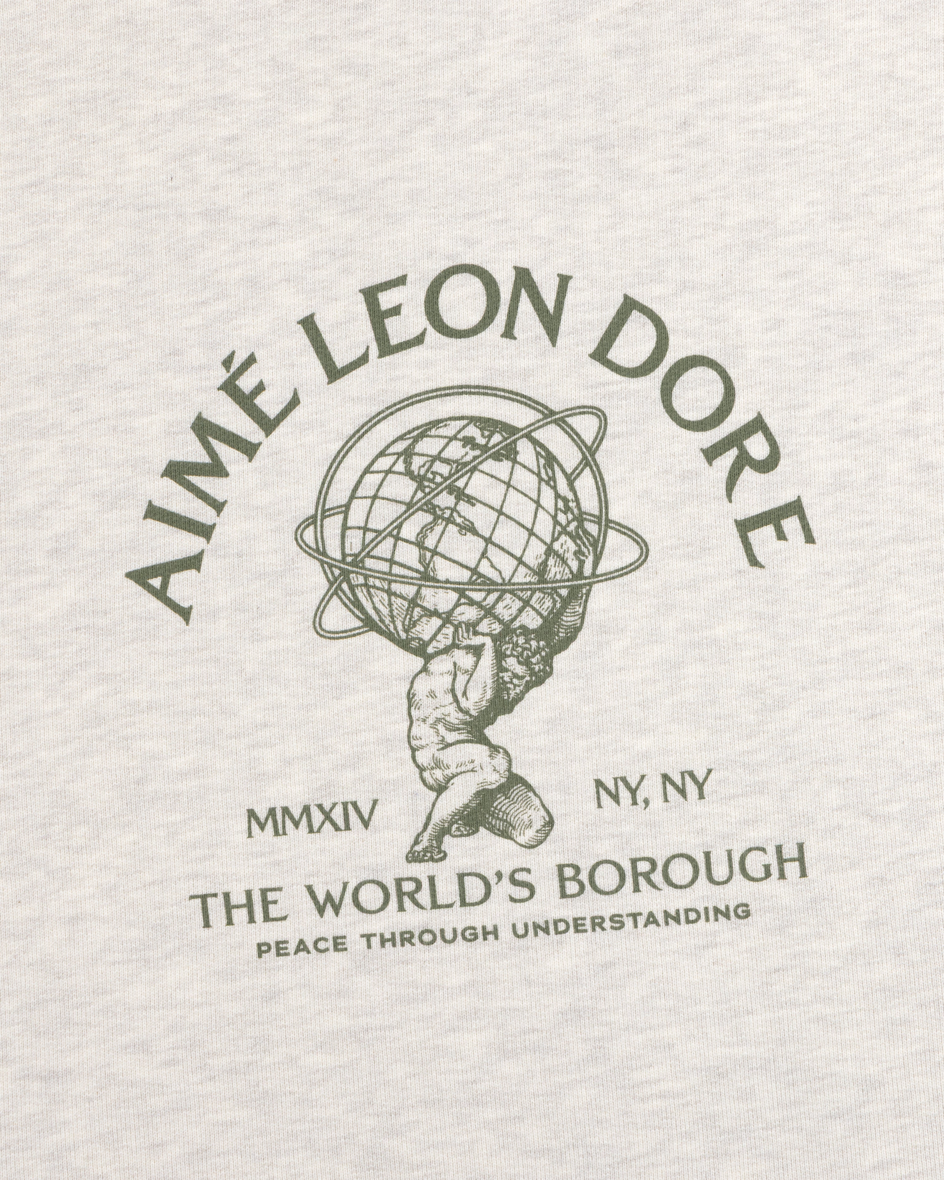 Atlas Crewneck Sweatshirt featuring Atlas holding a globe with Aimé Leon Dore, MMXIV, NY, NY, and The Worlds Borough text.
