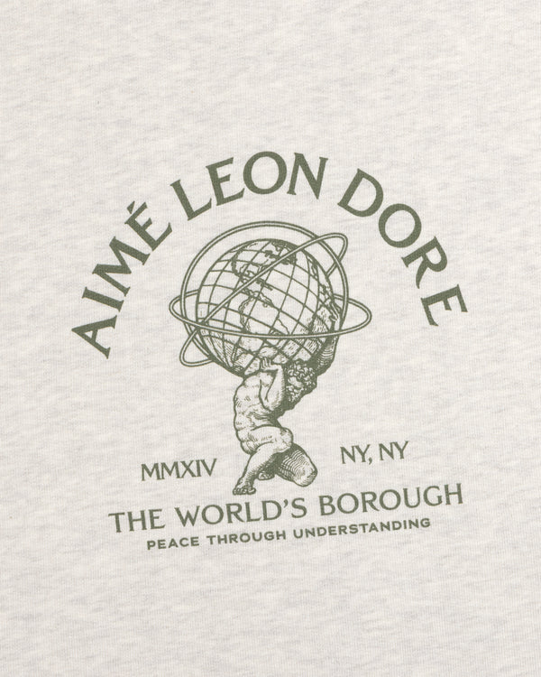 Atlas Crewneck Sweatshirt featuring Atlas holding a globe with Aimé Leon Dore, MMXIV, NY, NY, and The Worlds Borough text.