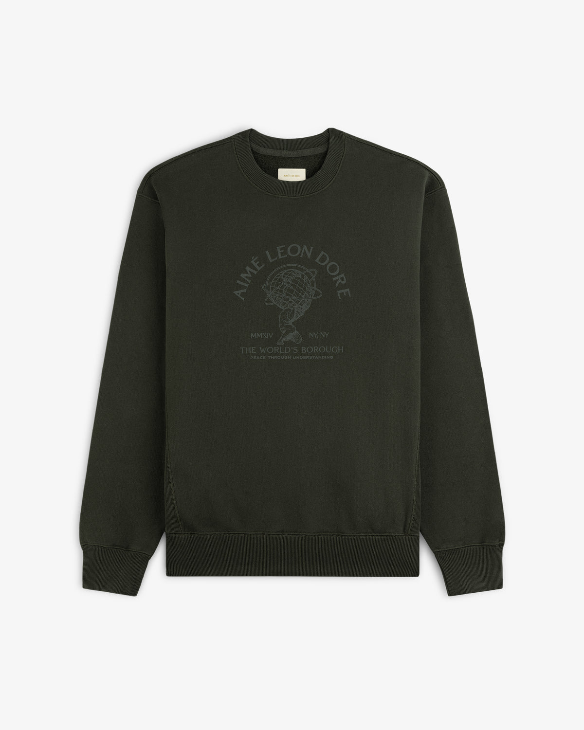 Dark green Atlas Crewneck Sweatshirt featuring a circular globe graphic and text on the chest.