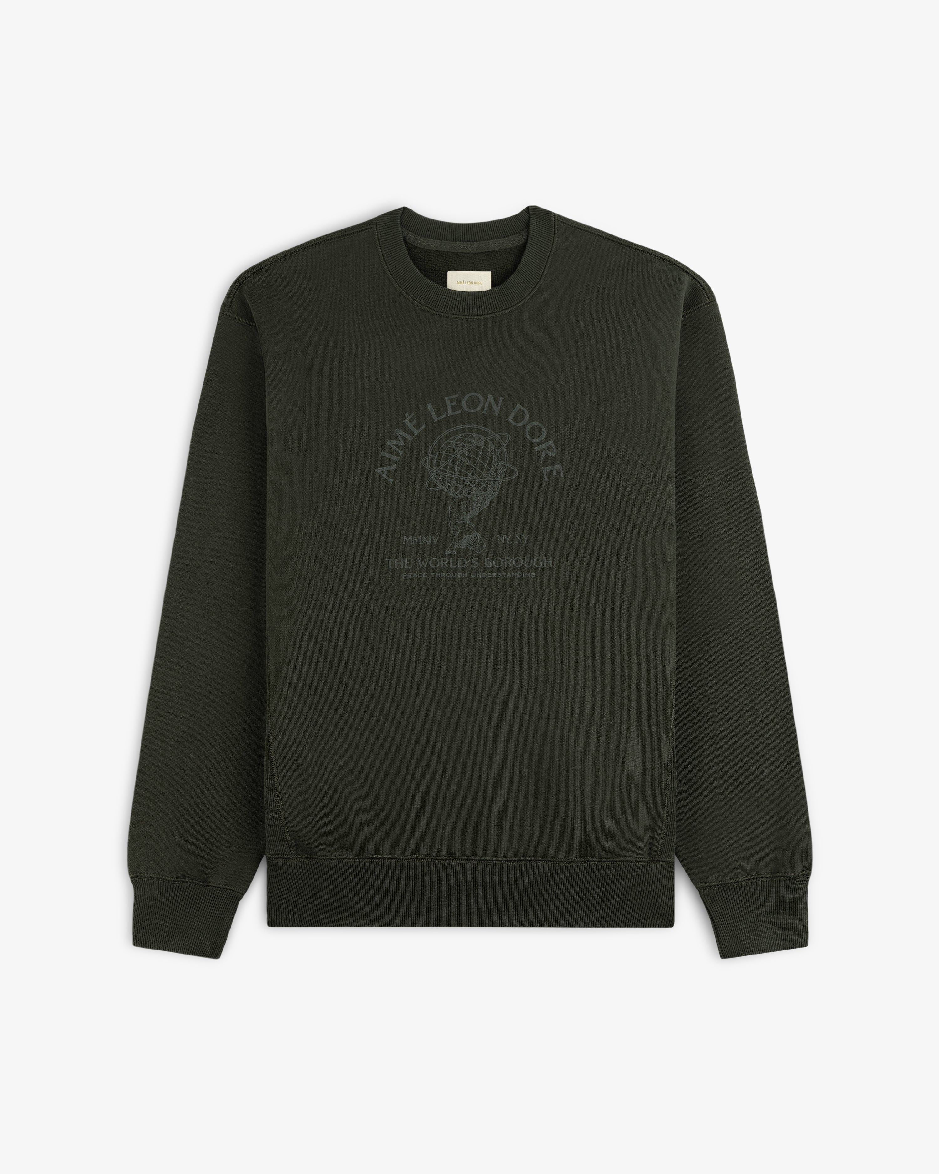 Dark green Atlas Crewneck Sweatshirt featuring a circular globe graphic and text on the chest.