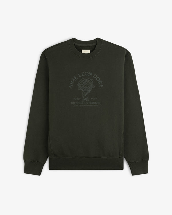 Dark green Atlas Crewneck Sweatshirt featuring a circular globe graphic and text on the chest.