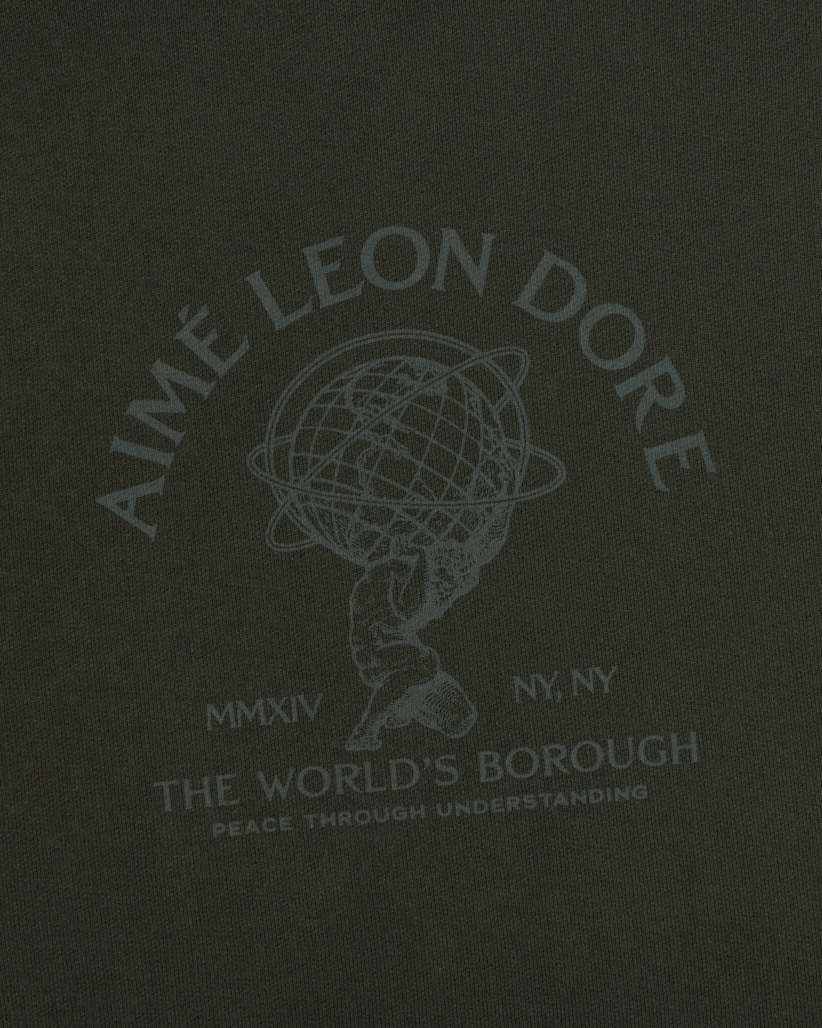 Olive green Atlas Crewneck Sweatshirt featuring a graphic of Atlas holding a globe surrounded by Aimé Leon Dore text.