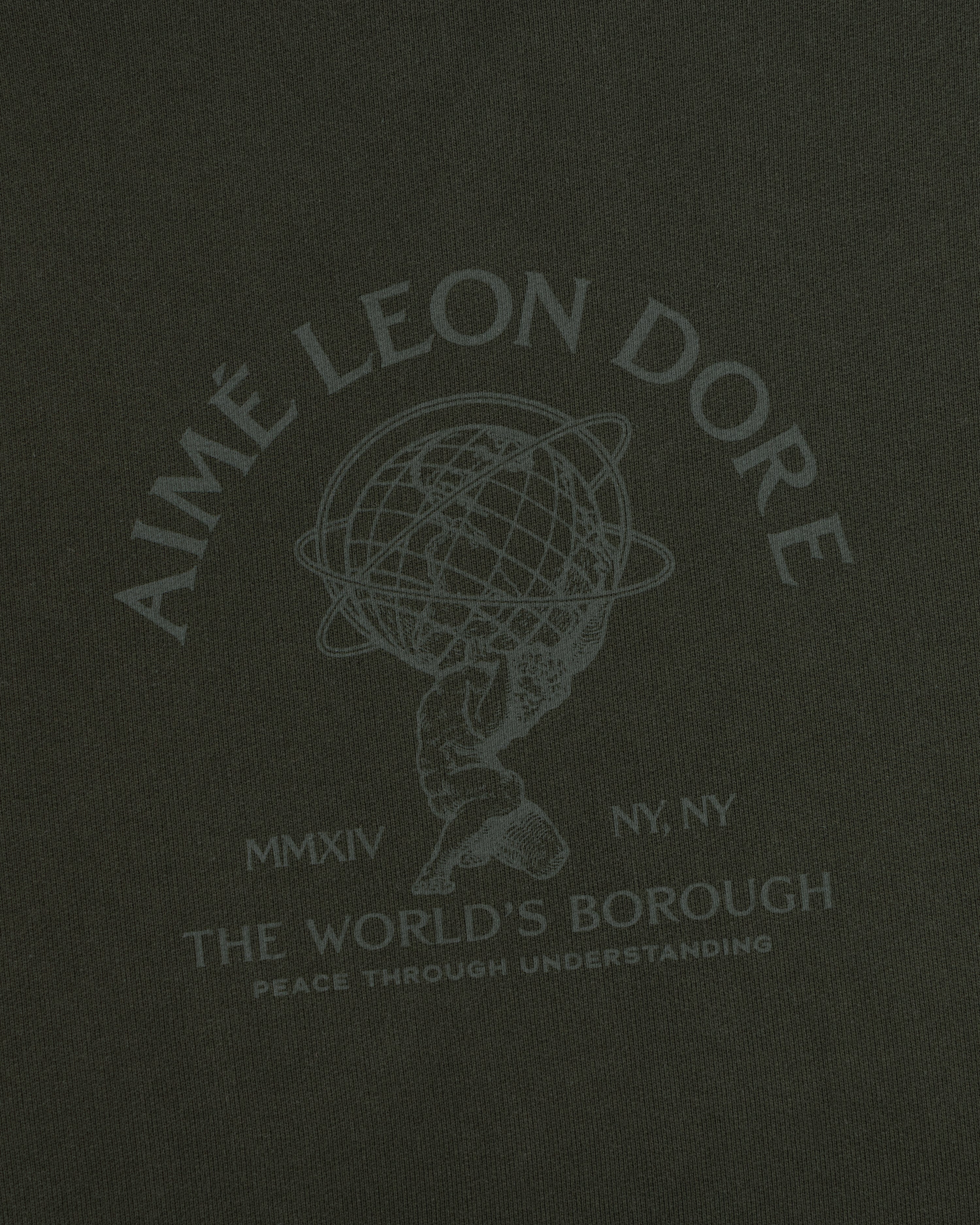 Olive green Atlas Crewneck Sweatshirt featuring a graphic of Atlas holding a globe surrounded by Aimé Leon Dore text.
