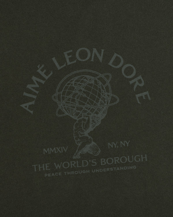 Olive green Atlas Crewneck Sweatshirt featuring a graphic of Atlas holding a globe surrounded by Aimé Leon Dore text.