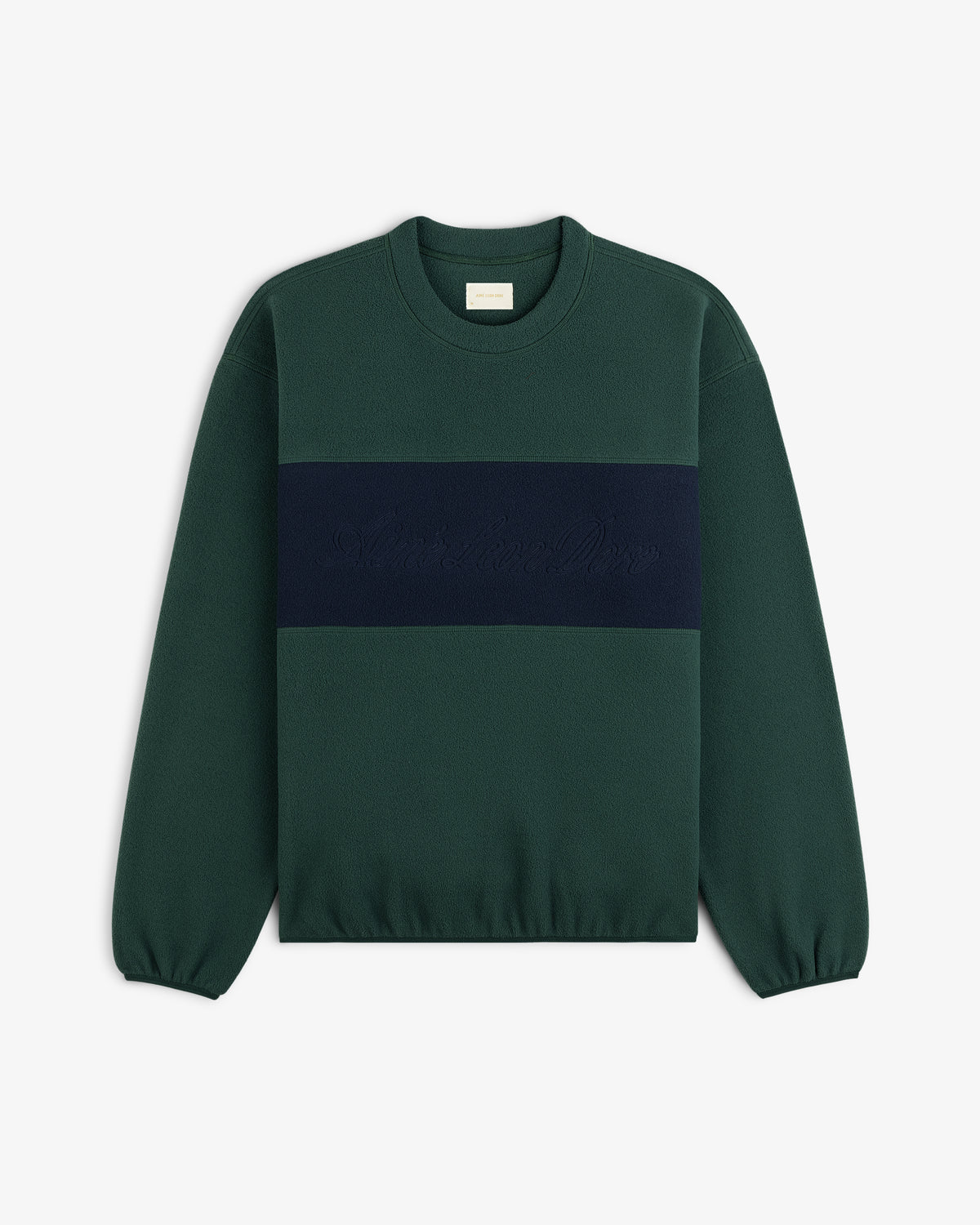 Fleece Script Paneled Crewneck Sweatshirt in dark green with a navy blue chest panel and tonal embroidered script.