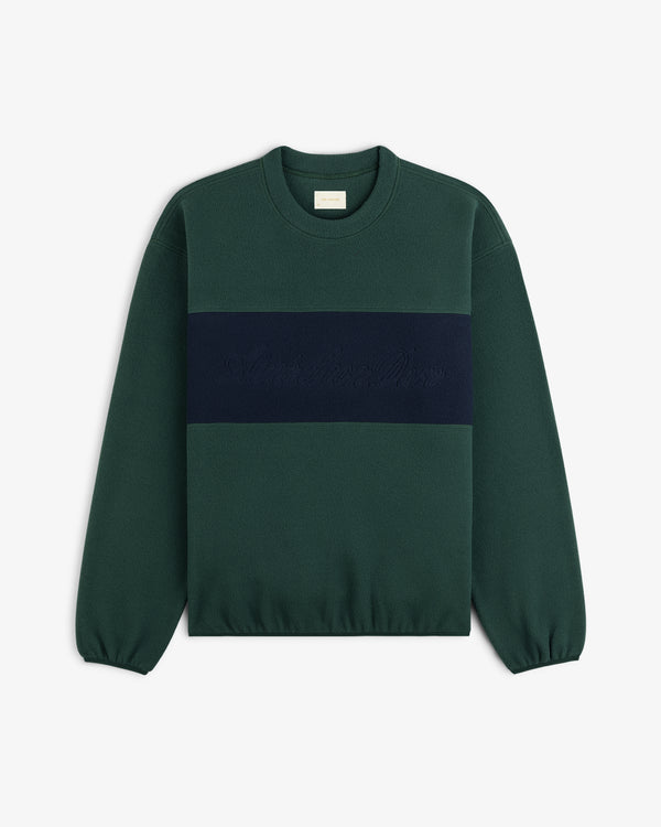 Fleece Script Paneled Crewneck Sweatshirt in dark green with a navy blue chest panel and tonal embroidered script.