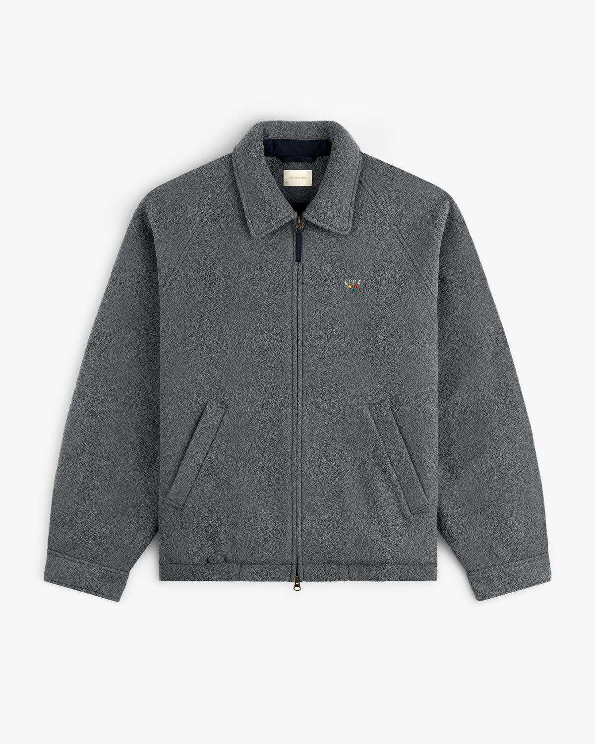 Crest Fleece Casual Jacket: gray zip-up with collar, two front pockets, and left chest embroidered logo.