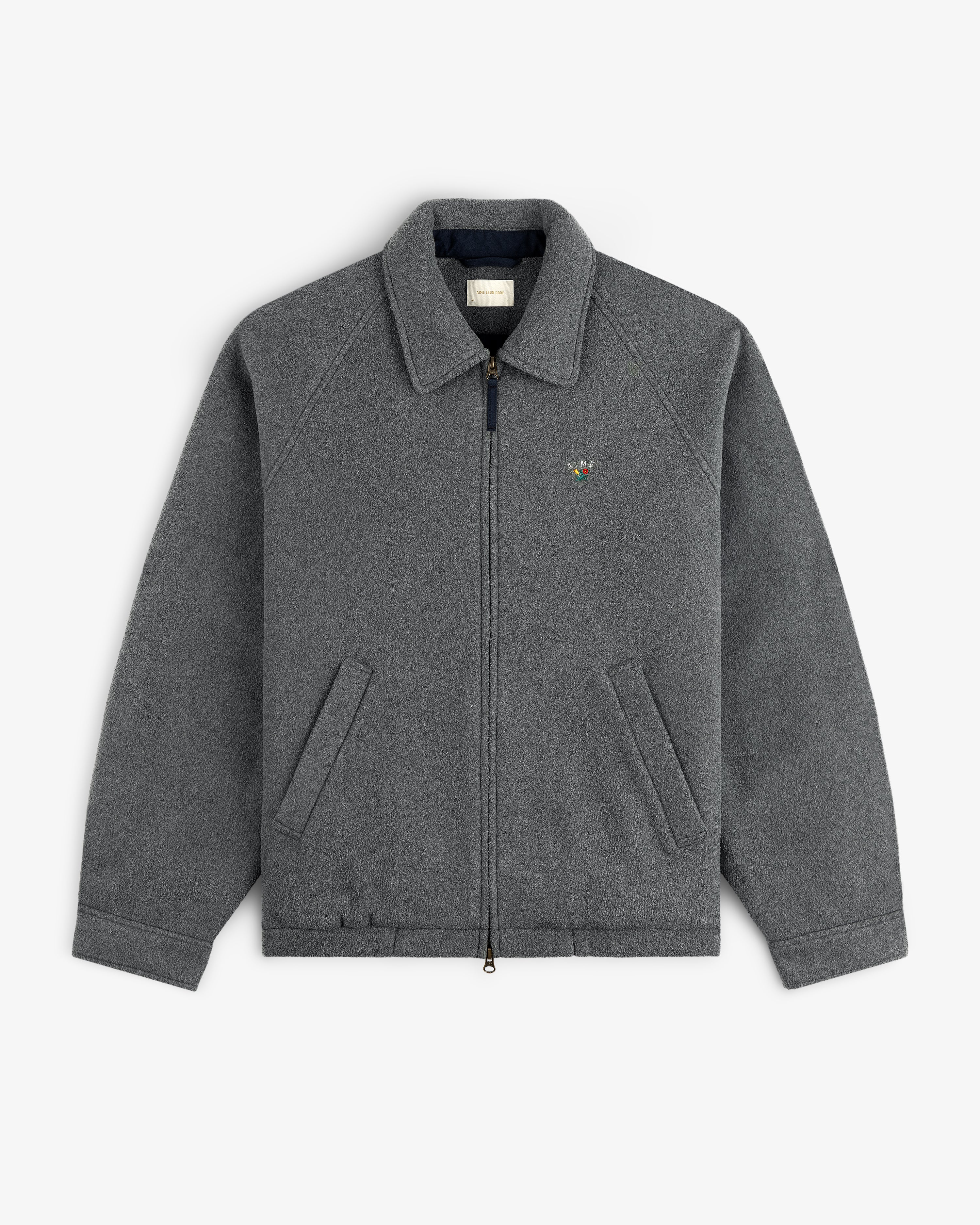 Crest Fleece Casual Jacket: gray zip-up with collar, two front pockets, and left chest embroidered logo.