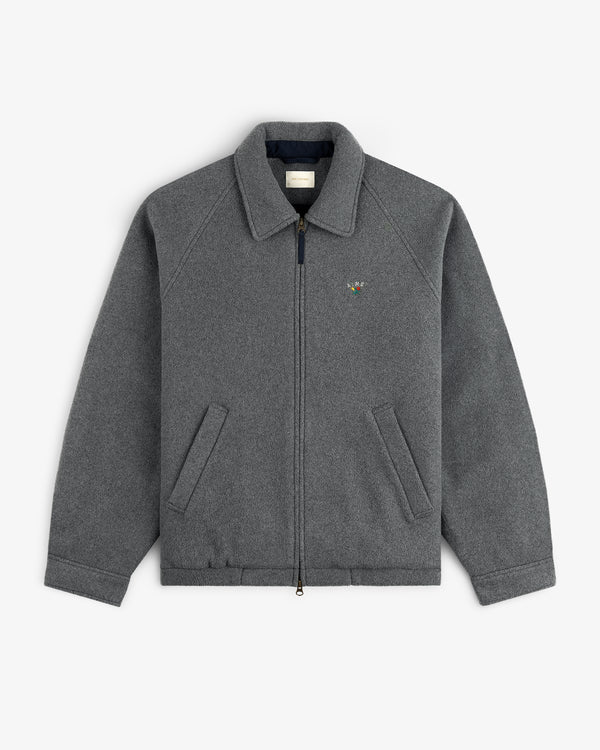 Crest Fleece Casual Jacket: gray zip-up with collar, two front pockets, and left chest embroidered logo.