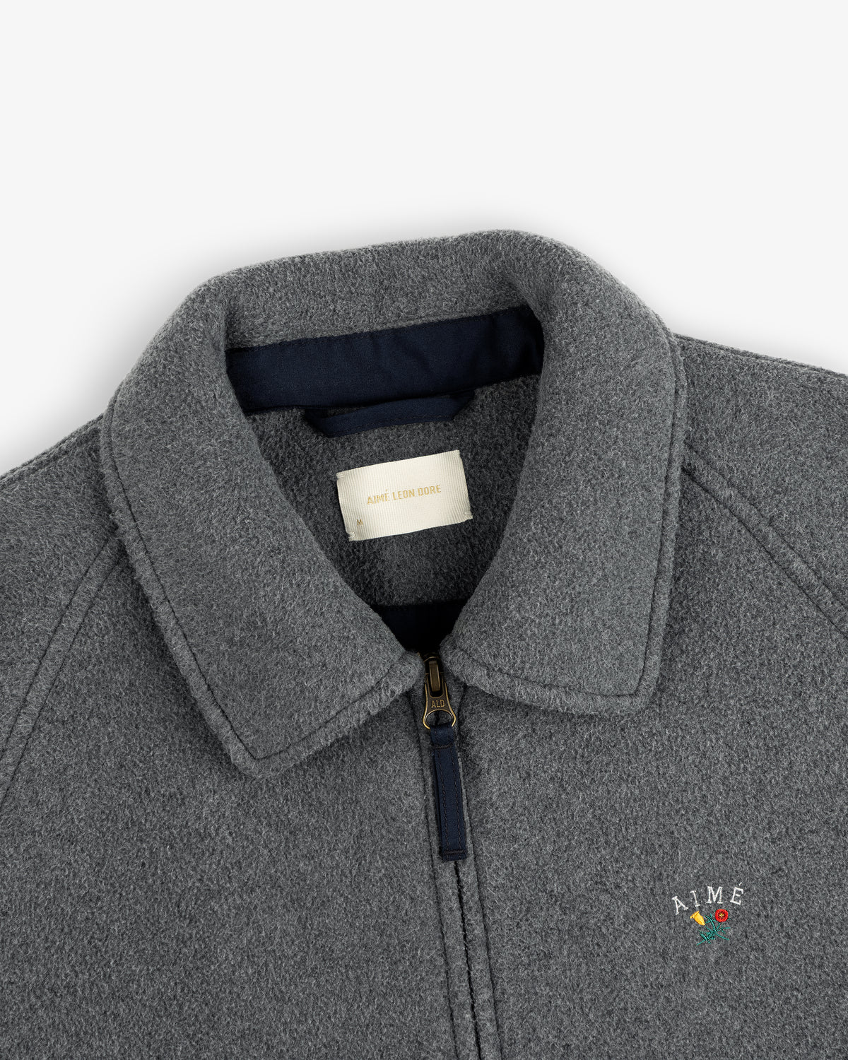 Crest Fleece Casual Jacket: gray, zip-up with collar and small AIME flower embroidered logo.