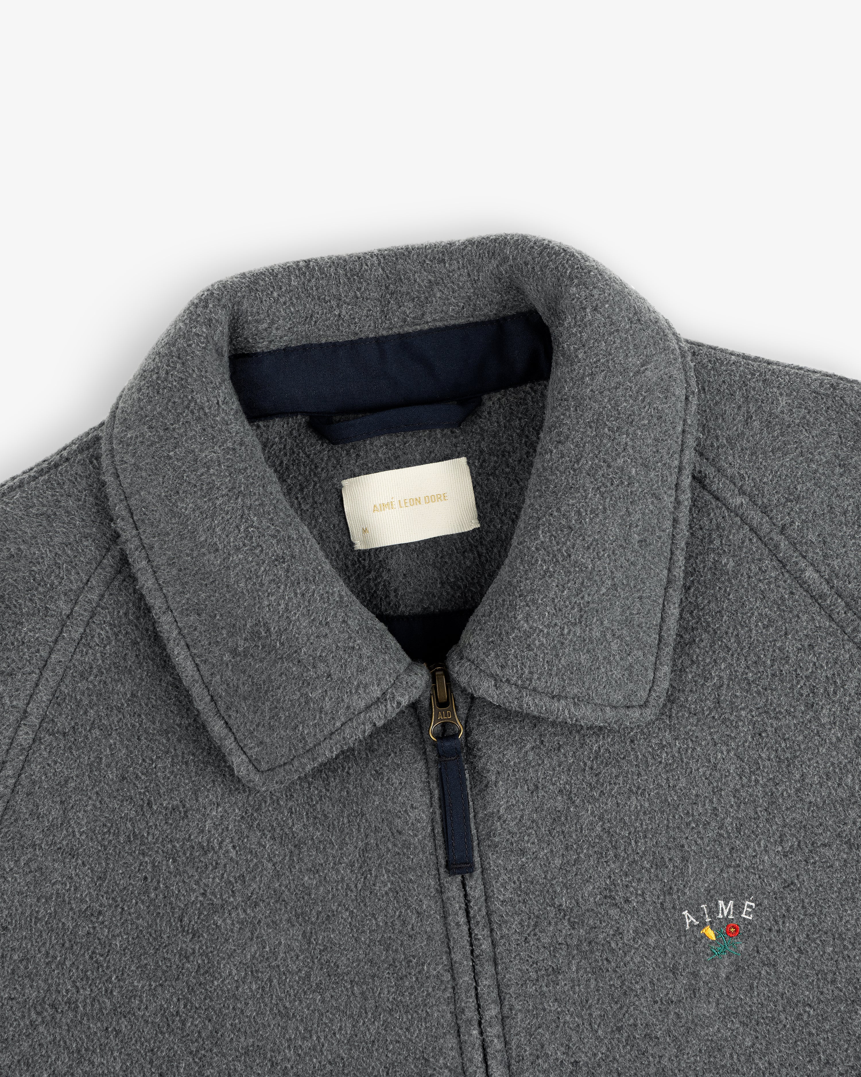 Crest Fleece Casual Jacket: gray, zip-up with collar and small AIME flower embroidered logo.