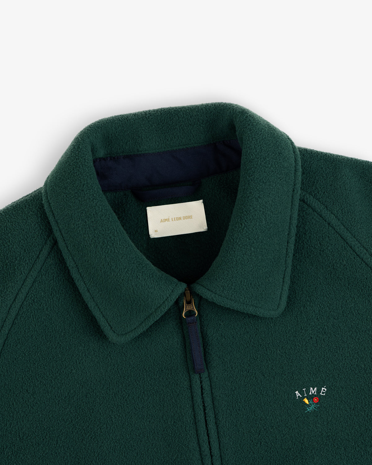 Crest Fleece Casual Jacket: green, collared, zip-up, with AIMÉ and a small flower embroidered on the chest.