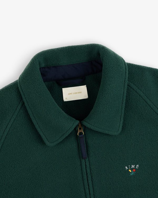 Crest Fleece Casual Jacket: green, collared, zip-up, with AIMÉ and a small flower embroidered on the chest.