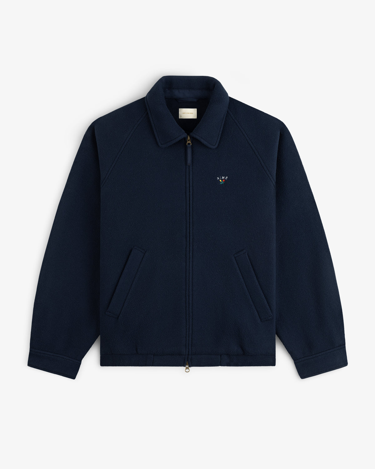 Crest Fleece Casual Jacket—navy zip-up with collar, front pockets, and small logo on the left chest.