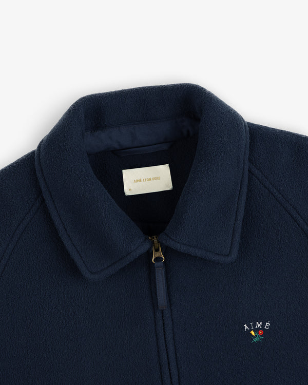 Crest Fleece Casual Jacket: Navy blue with gold zipper, collar, and AIMÉ + rose embroidery on chest.