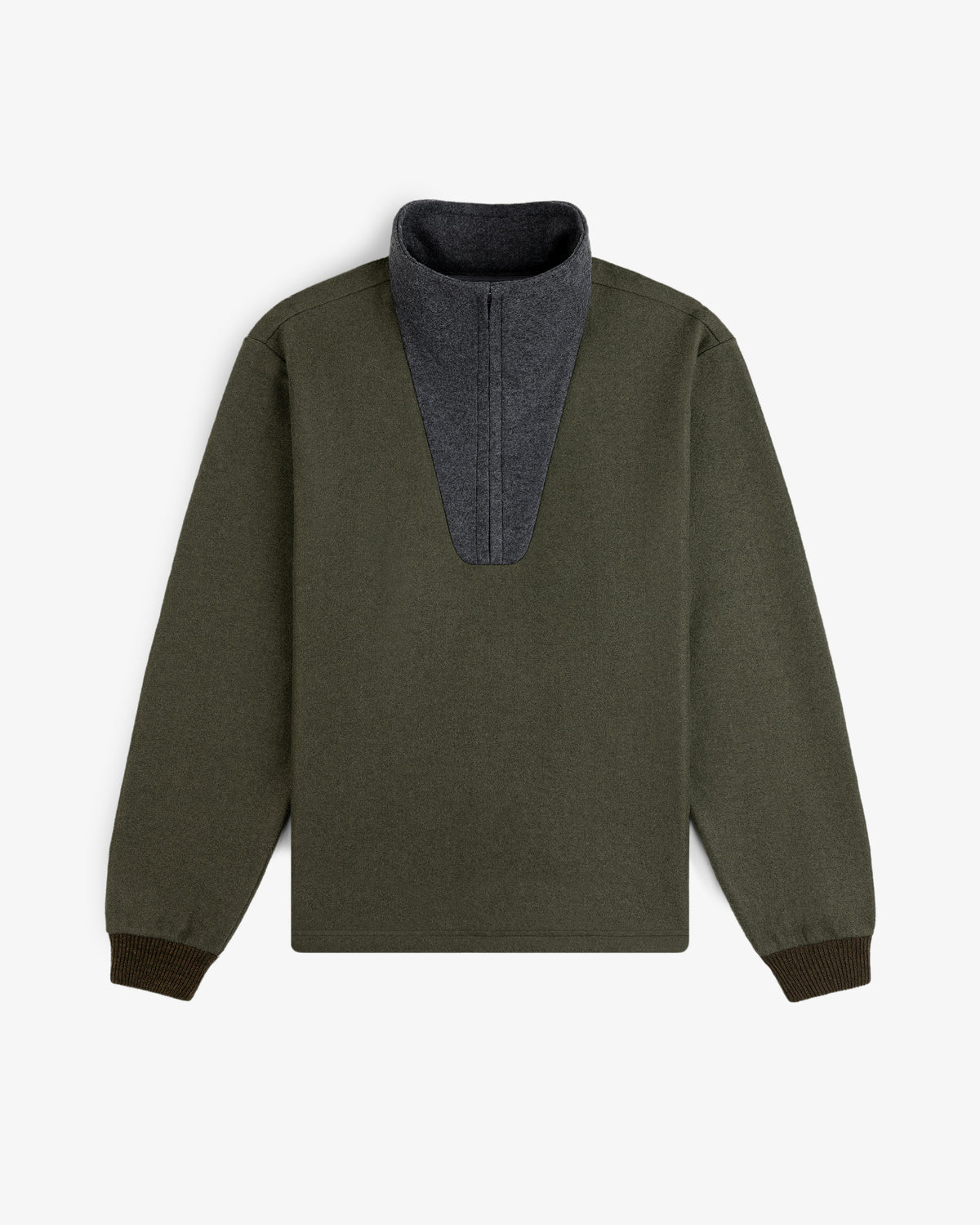 Surplus Fleece Quarter Zip Pullover in olive green with a dark grey collar and ribbed cuffs.