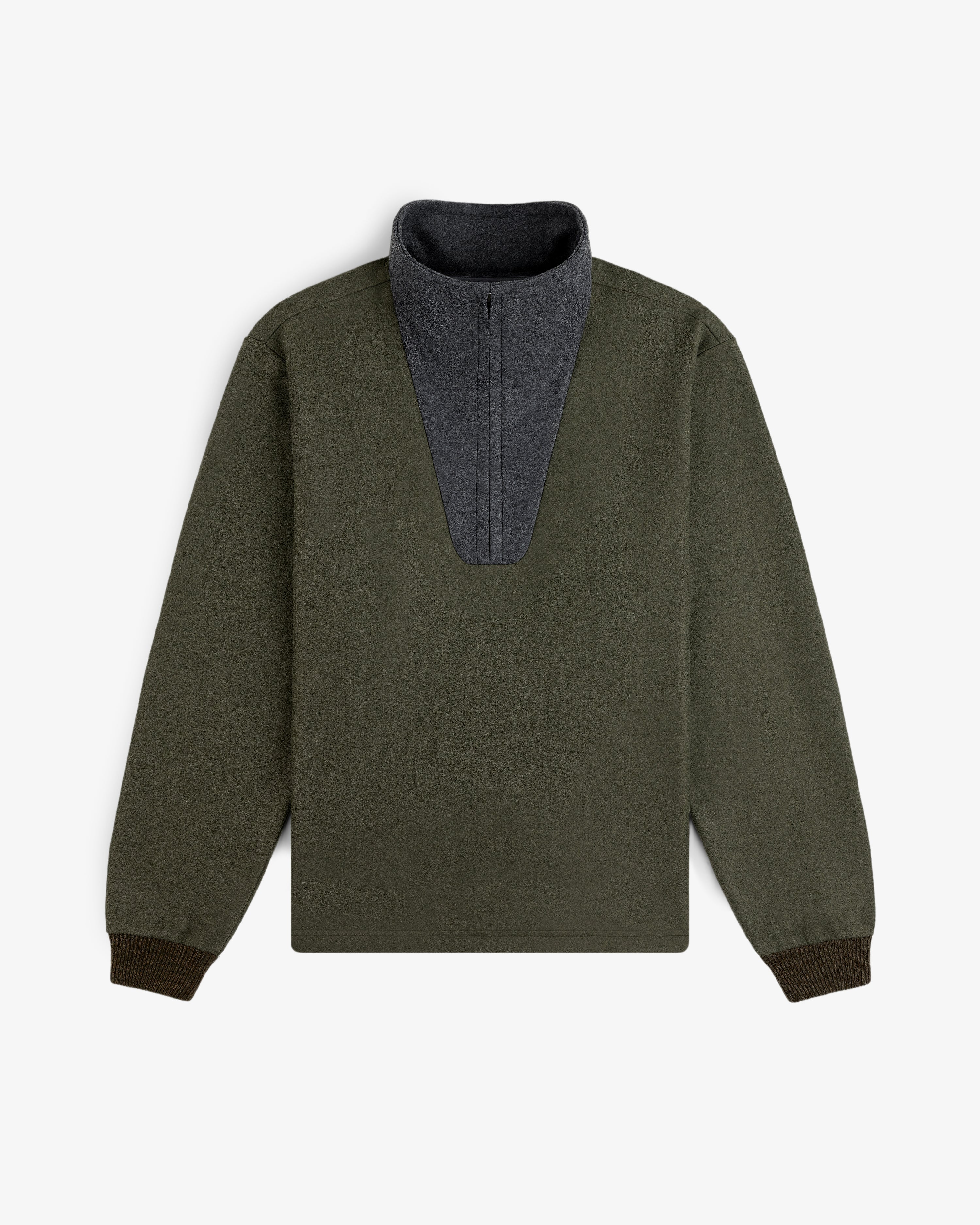Surplus Fleece Quarter Zip Pullover in olive green with a dark grey collar and ribbed cuffs.