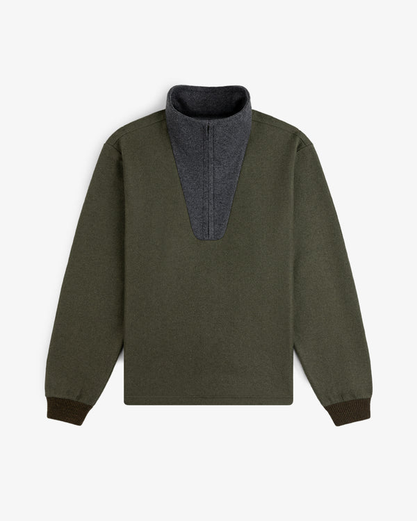 Surplus Fleece Quarter Zip Pullover in olive green with a dark grey collar and ribbed cuffs.