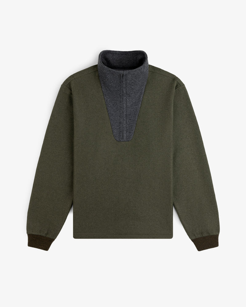 Surplus Fleece Quarter Zip Pullover in olive green with a dark grey collar and ribbed cuffs.