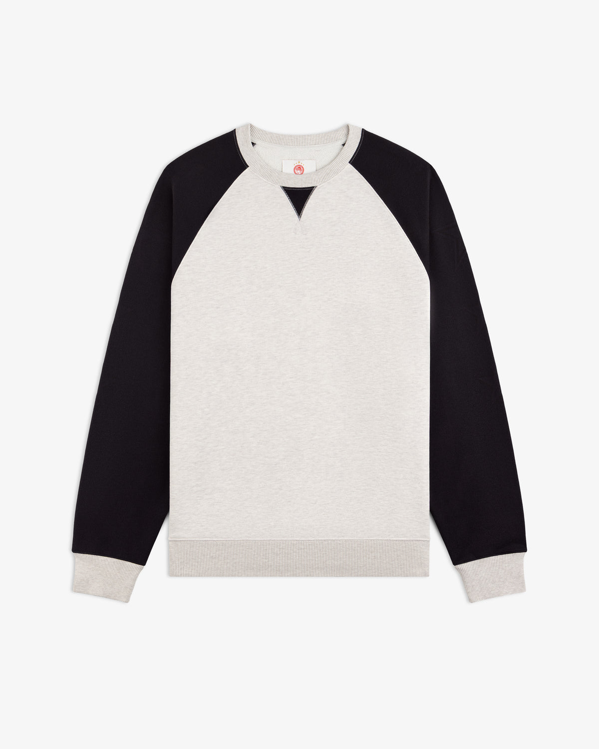 ALD / Olympiacos F.C. Colorblock Crewneck Sweatshirt in off-white with black raglan sleeves and ribbed trim.