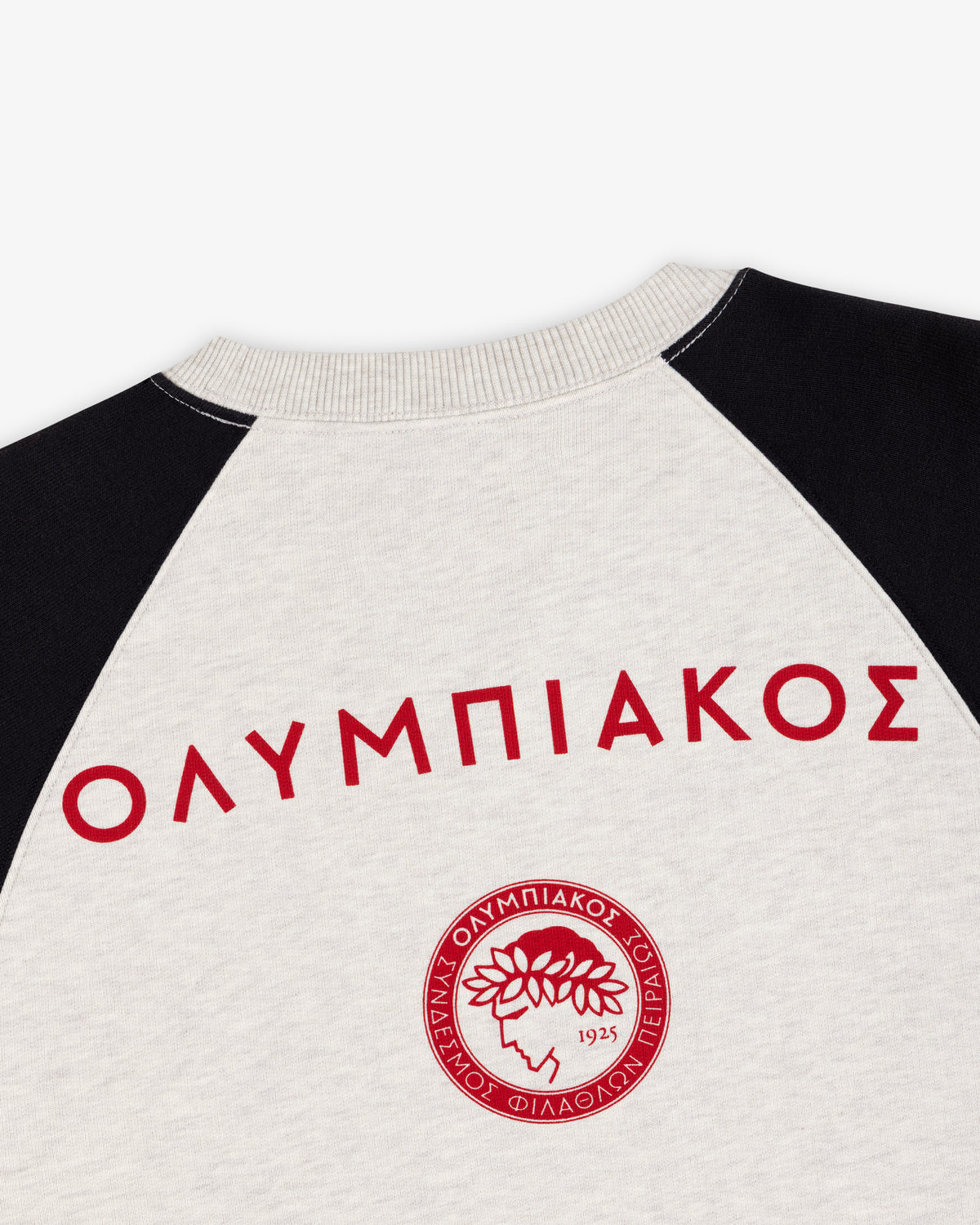ALD / Olympiacos F.C. Colorblock Crewneck Sweatshirt in gray with black raglan sleeves, red Greek lettering, and back logo.