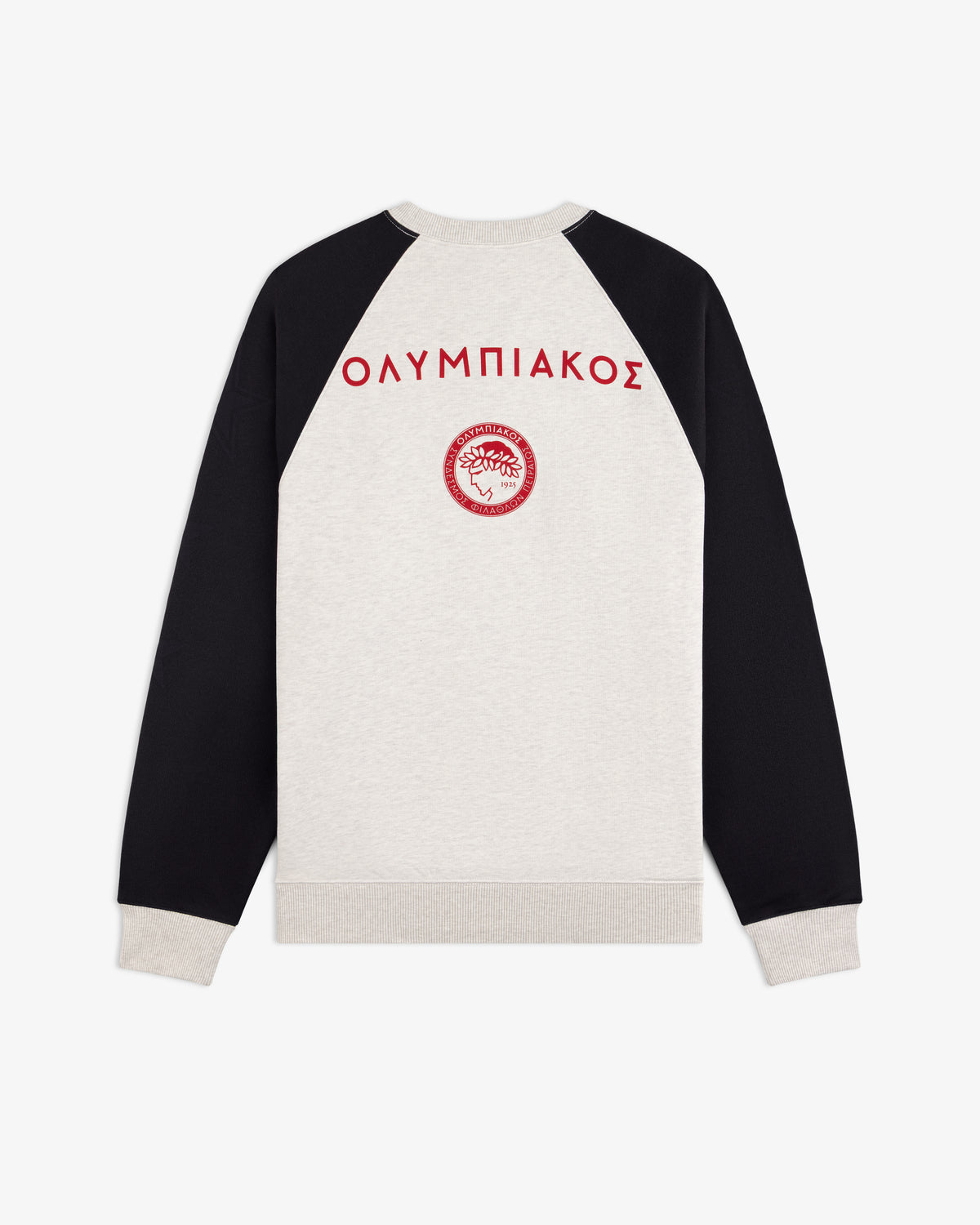 Back view of the ALD / Olympiacos F.C. Colorblock Crewneck Sweatshirt, light gray with black raglan sleeves and red text.