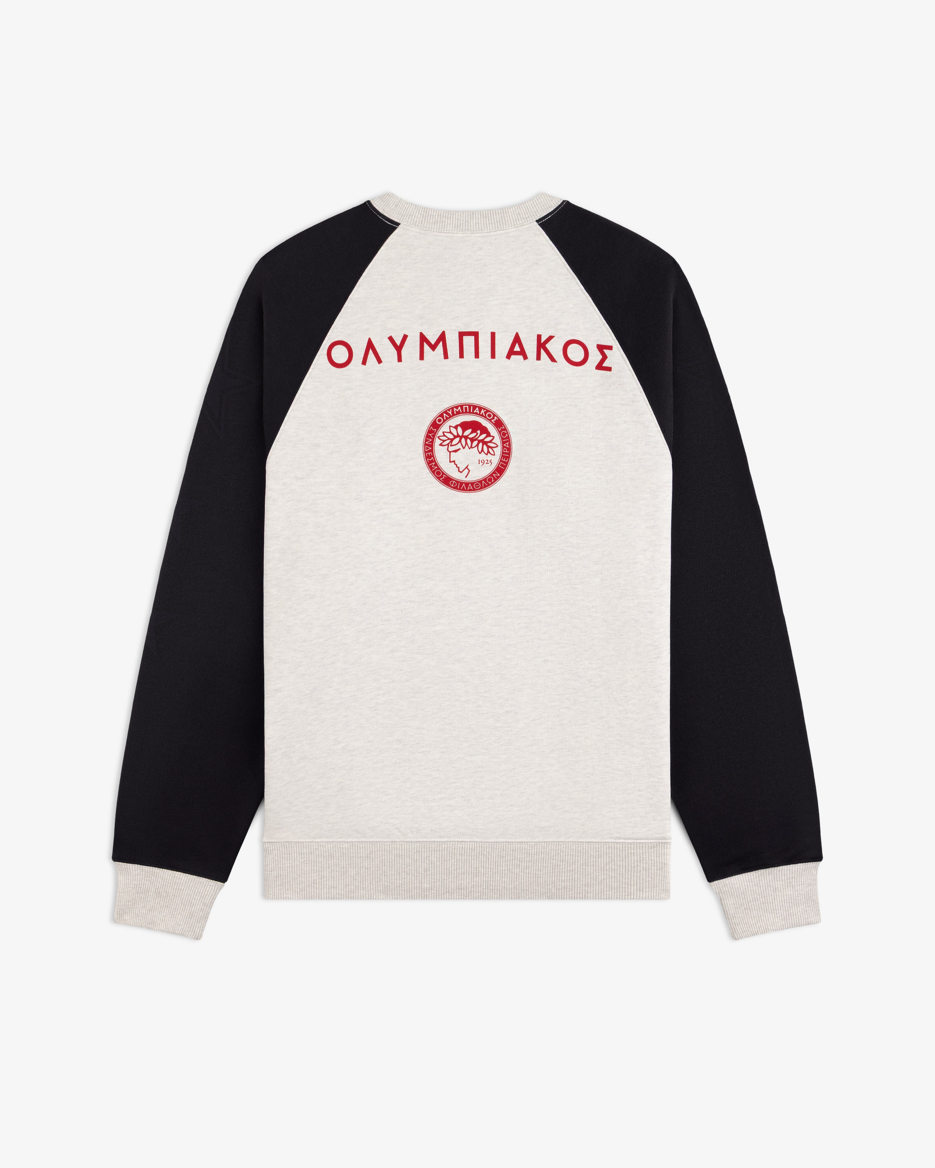 Back view of the ALD / Olympiacos F.C. Colorblock Crewneck Sweatshirt, light gray with black raglan sleeves and red text.