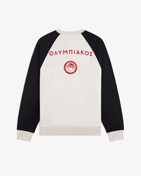 Back view of the ALD / Olympiacos F.C. Colorblock Crewneck Sweatshirt, light gray with black raglan sleeves and red text.