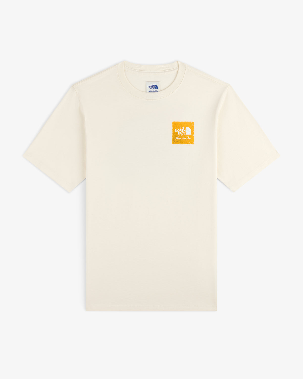 ALD/The North Face Logo Tee: off-white, short-sleeve with small yellow logo on left chest.