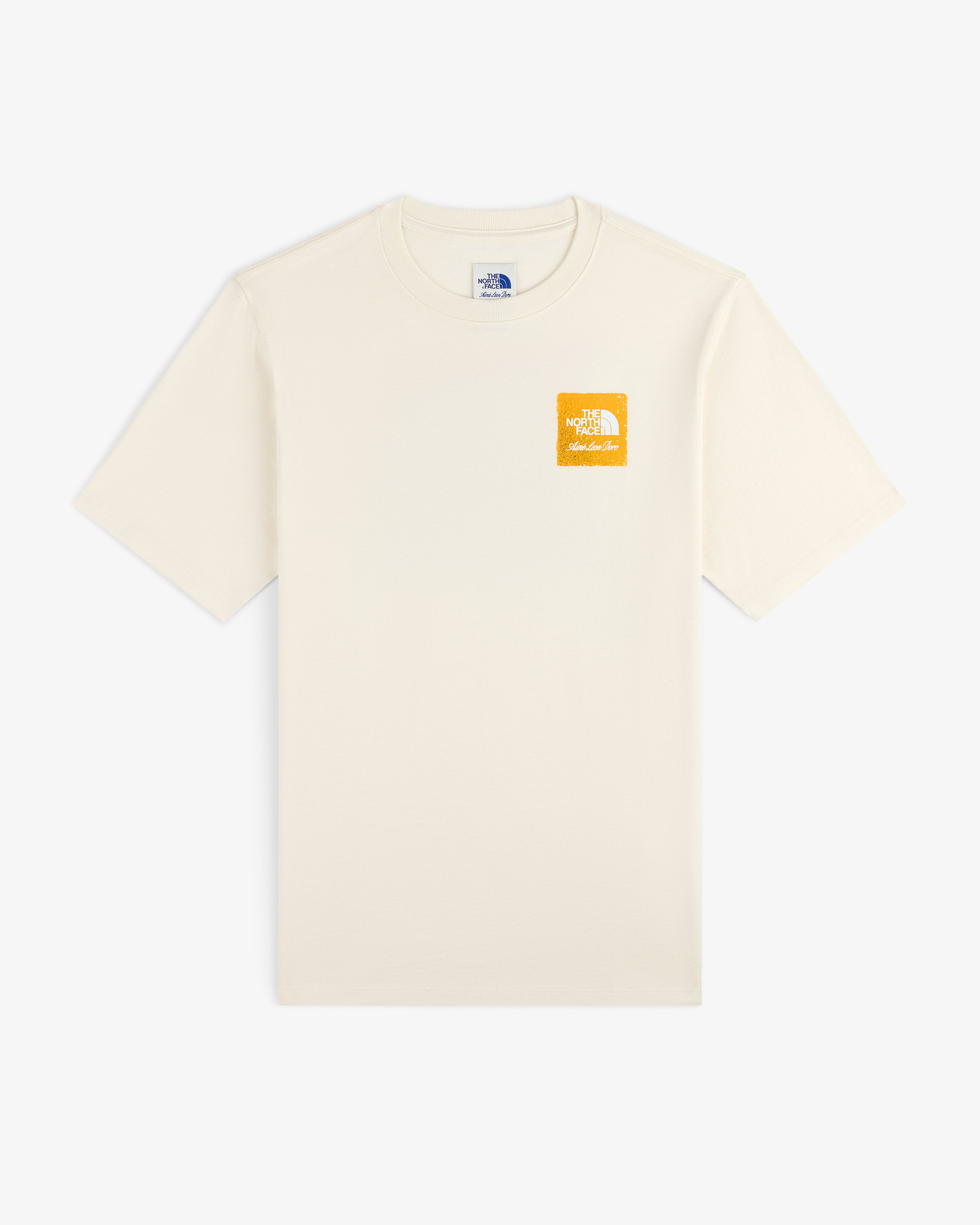 ALD/The North Face Logo Tee: off-white, short-sleeve with small yellow logo on left chest.