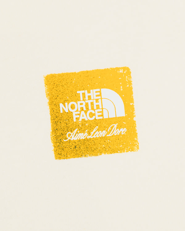 ALD / The North Face Logo Tee with white logos on a rough yellow square, set against a cream background.