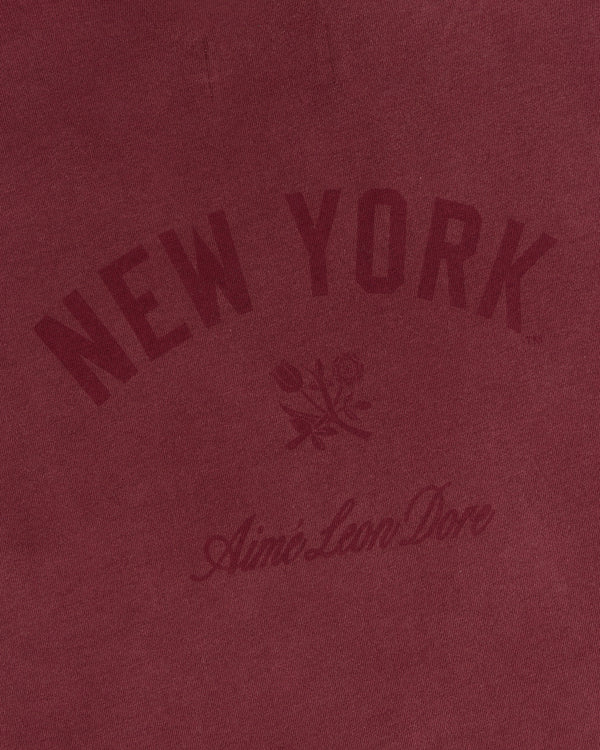 Yankees Washed Logo Tee: Maroon tee with arched NEW YORK, two roses, and Aimé Leon Dore text in matching maroon.