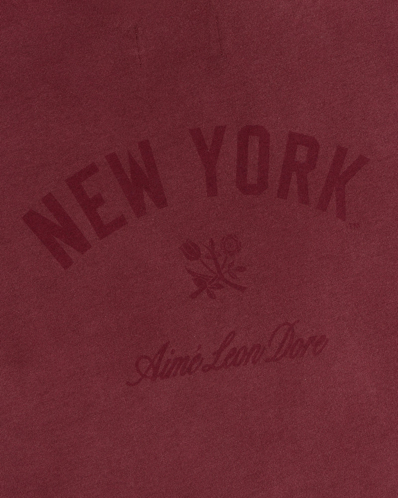 Yankees Washed Logo Tee: Maroon tee with arched NEW YORK, two roses, and Aimé Leon Dore text in matching maroon.