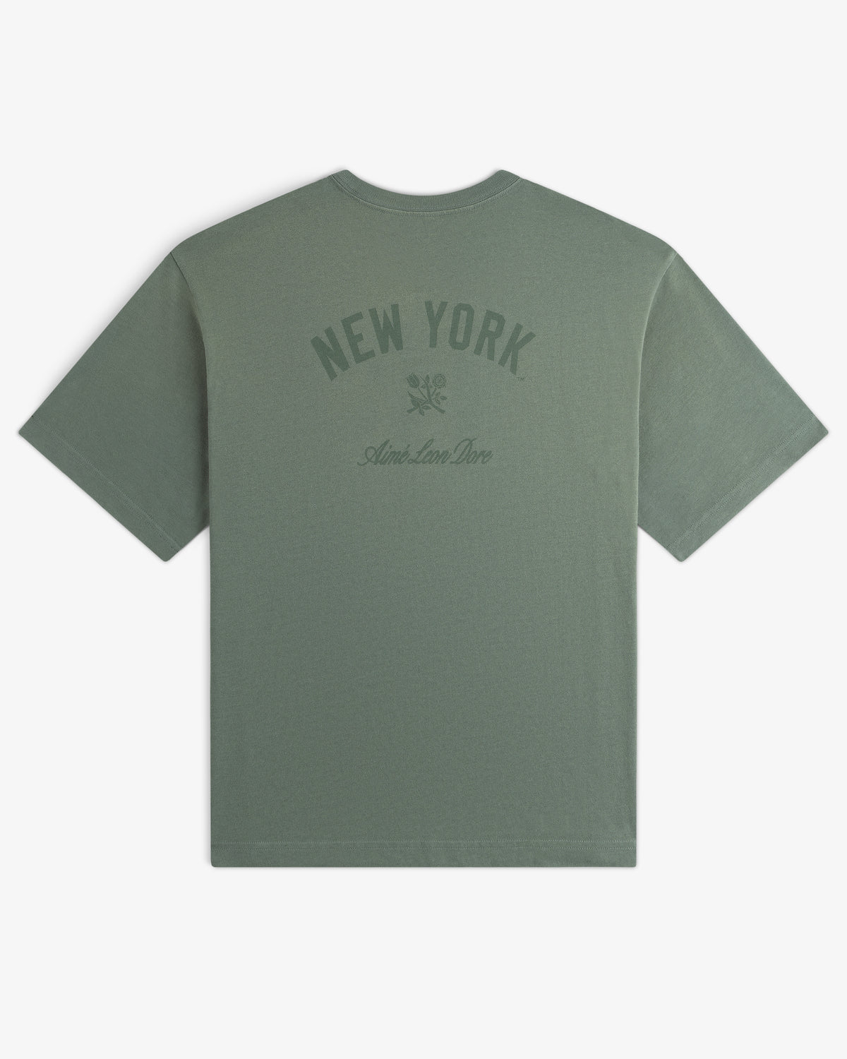 Yankees Washed Logo Tee in sage green with NEW YORK and Aime Leon Dore printed on the back in dark green.