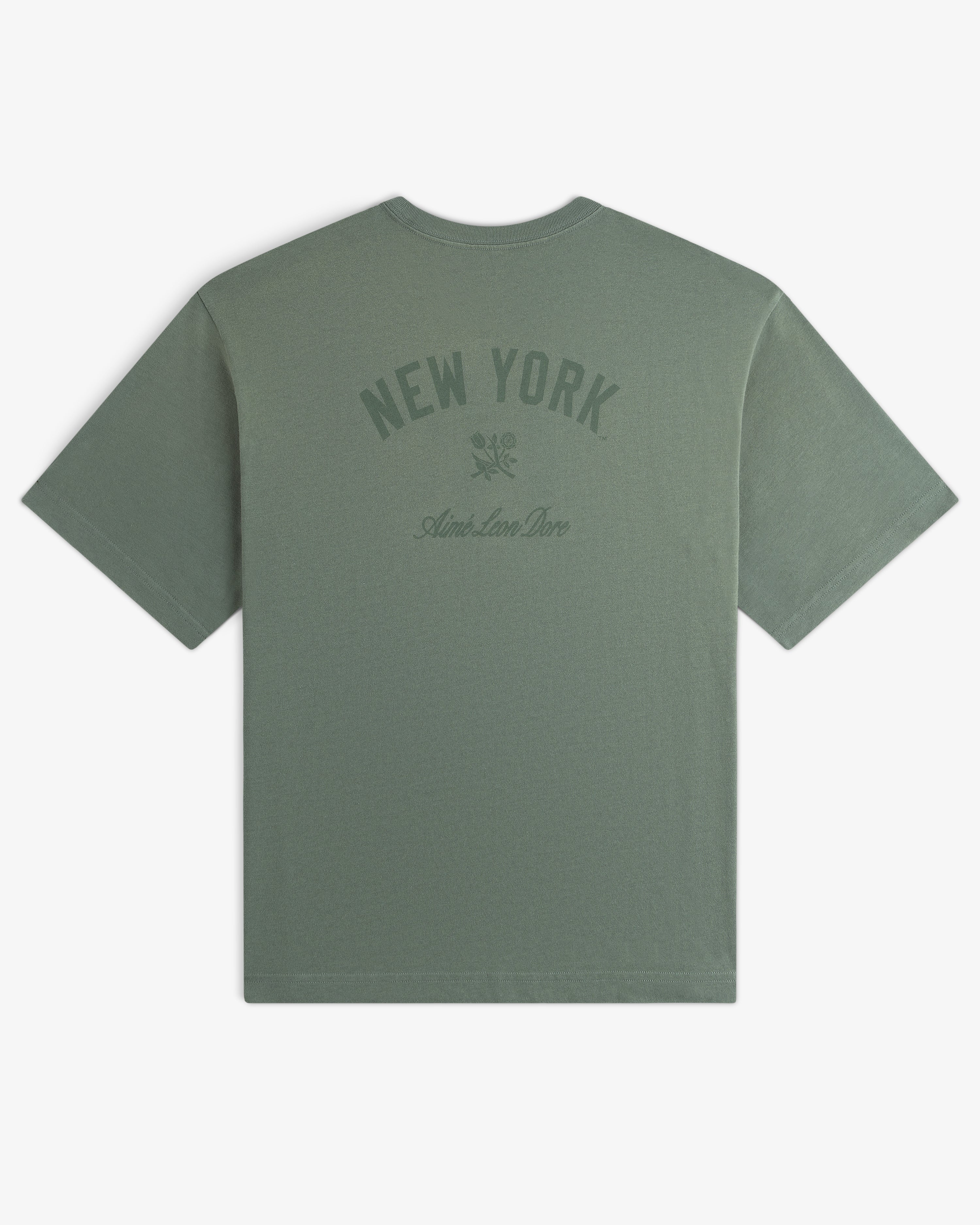 Yankees Washed Logo Tee in sage green with NEW YORK and Aime Leon Dore printed on the back in dark green.