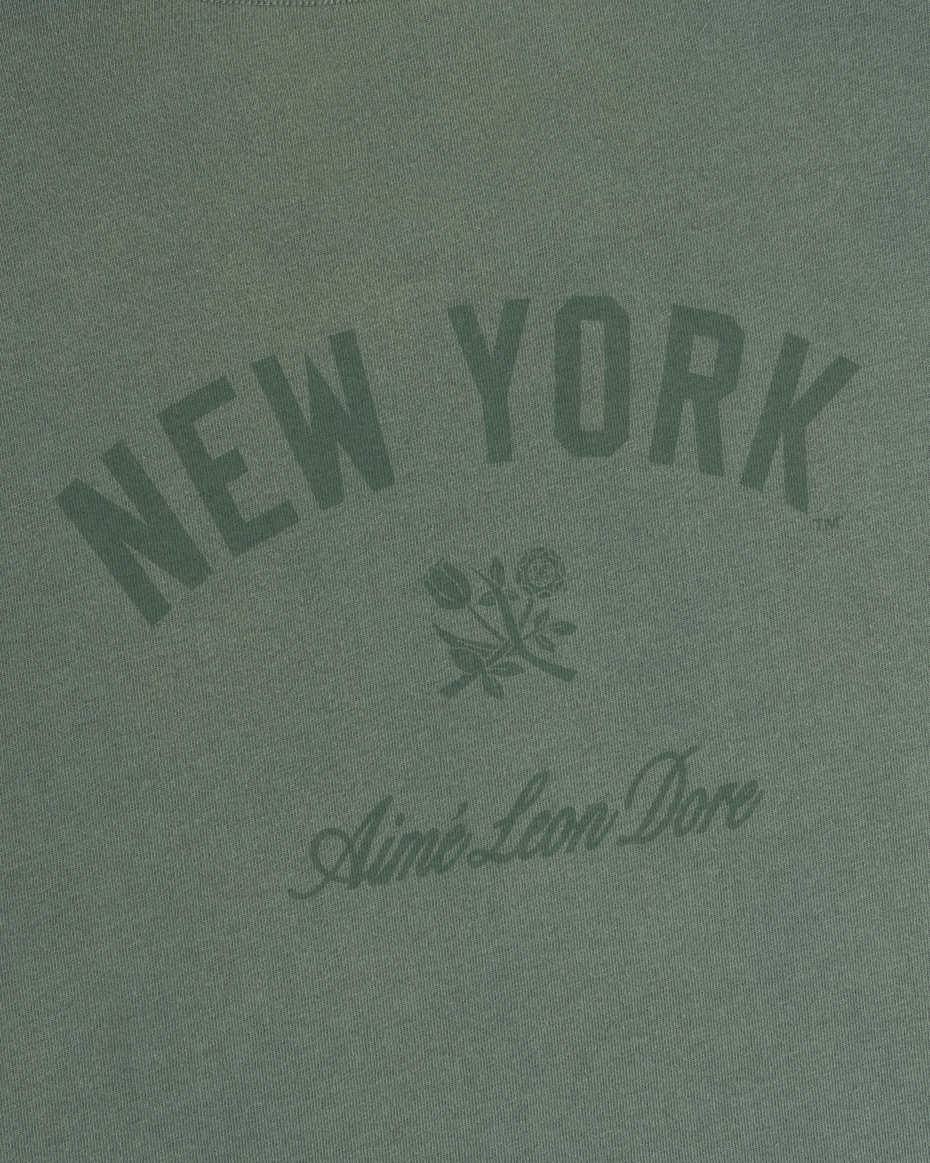 Yankees Washed Logo Tee: Green fabric with NEW YORK, two roses, and Aimé Leon Dore in dark green below.