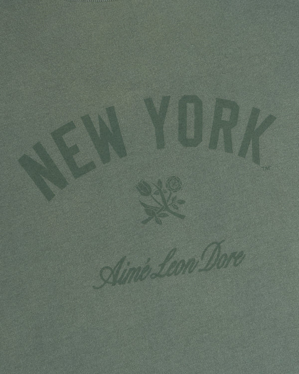 Yankees Washed Logo Tee: Green fabric with NEW YORK, two roses, and Aimé Leon Dore in dark green below.