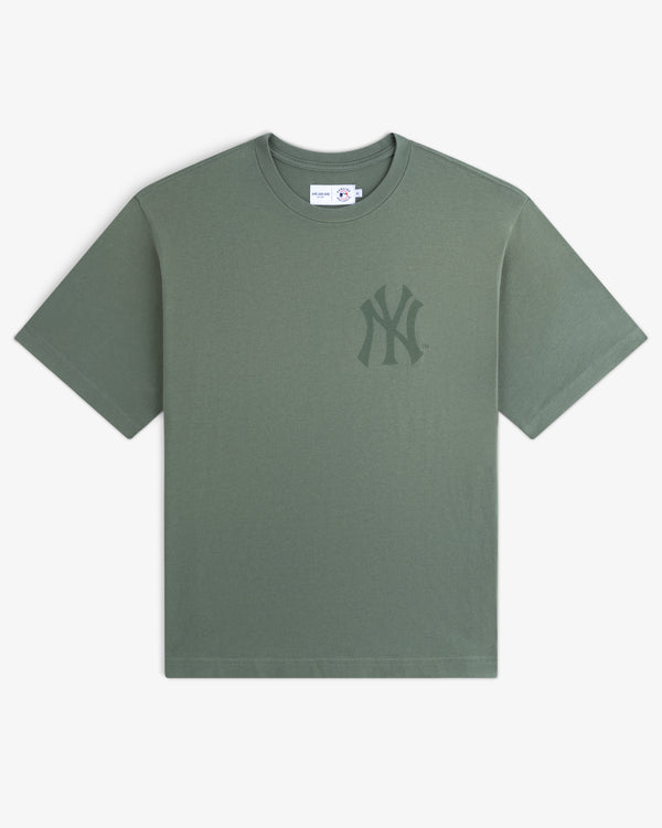 Yankees Washed Logo Tee in olive green with a subtle Yankees logo on the left chest.
