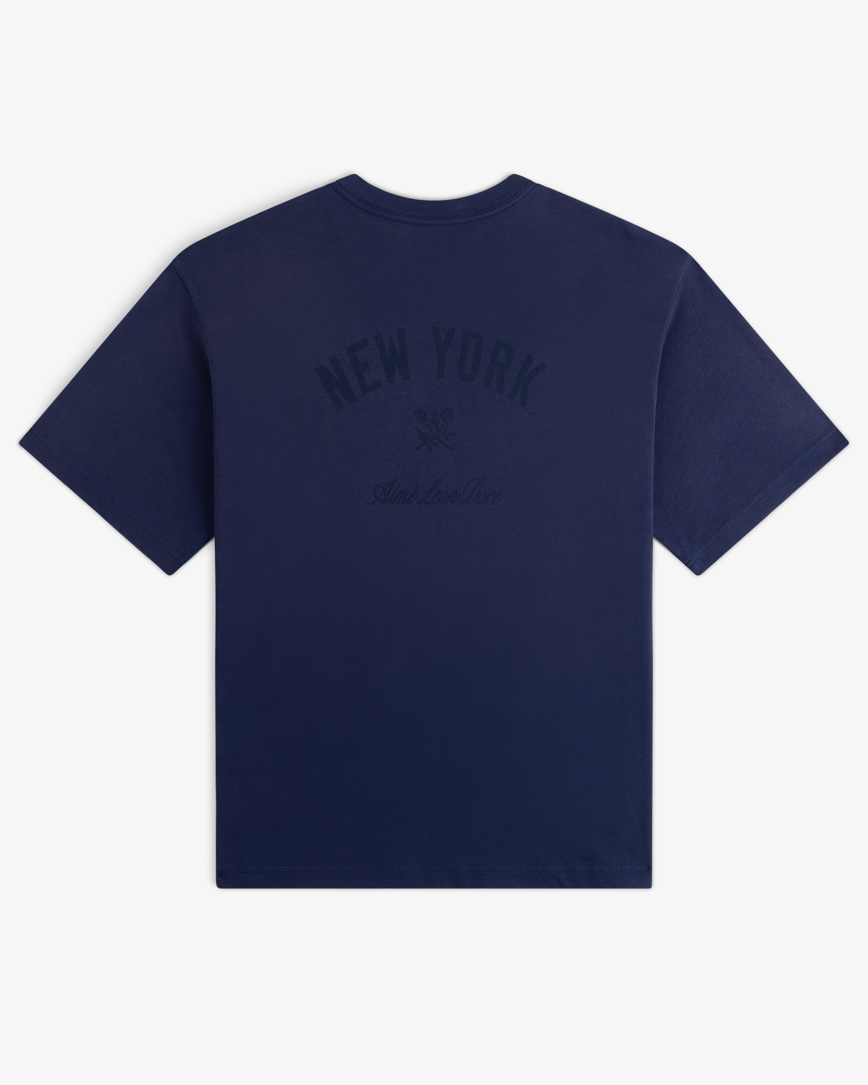 Yankees Washed Logo Tee in navy with NEW YORK and small dark text printed on the back.