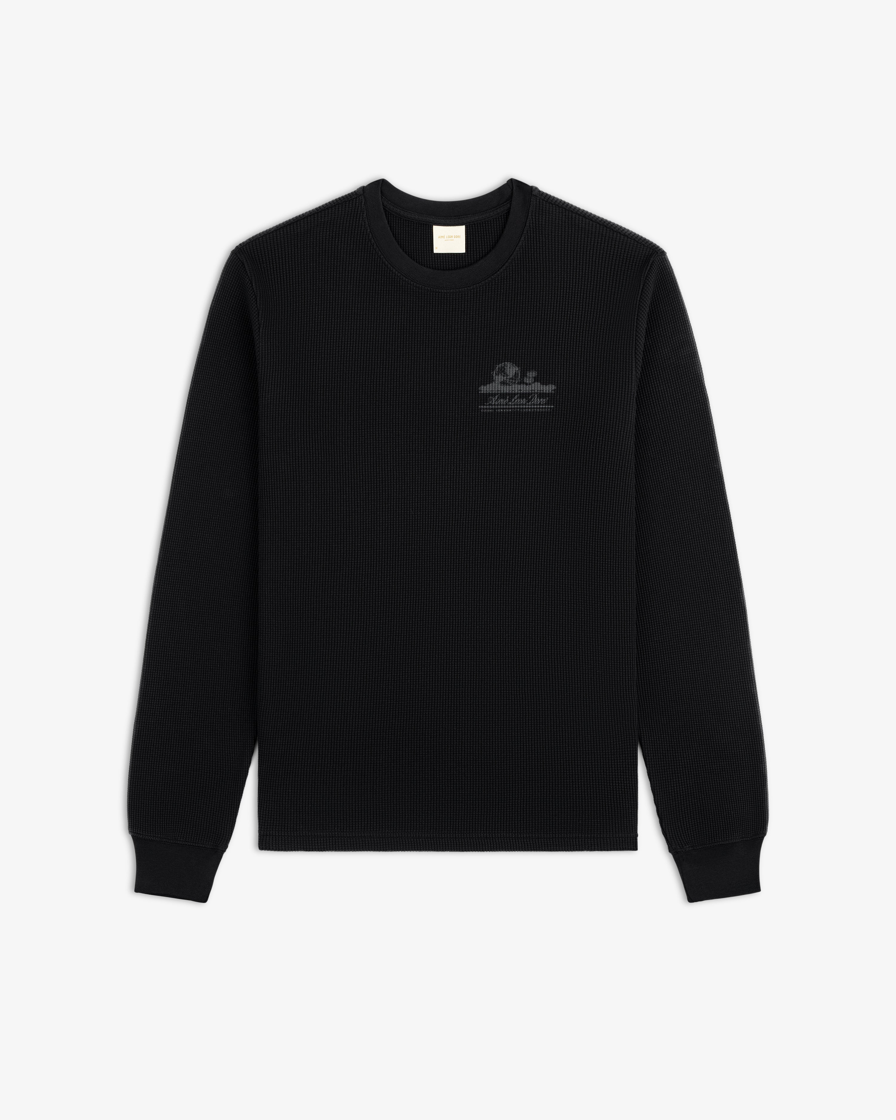 Black Long-Sleeve Unisphere Waffle Thermal with subtle chest logo, shown flat on a white background.