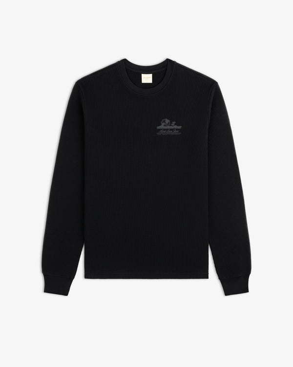 Black Long-Sleeve Unisphere Waffle Thermal with subtle chest logo, shown flat on a white background.