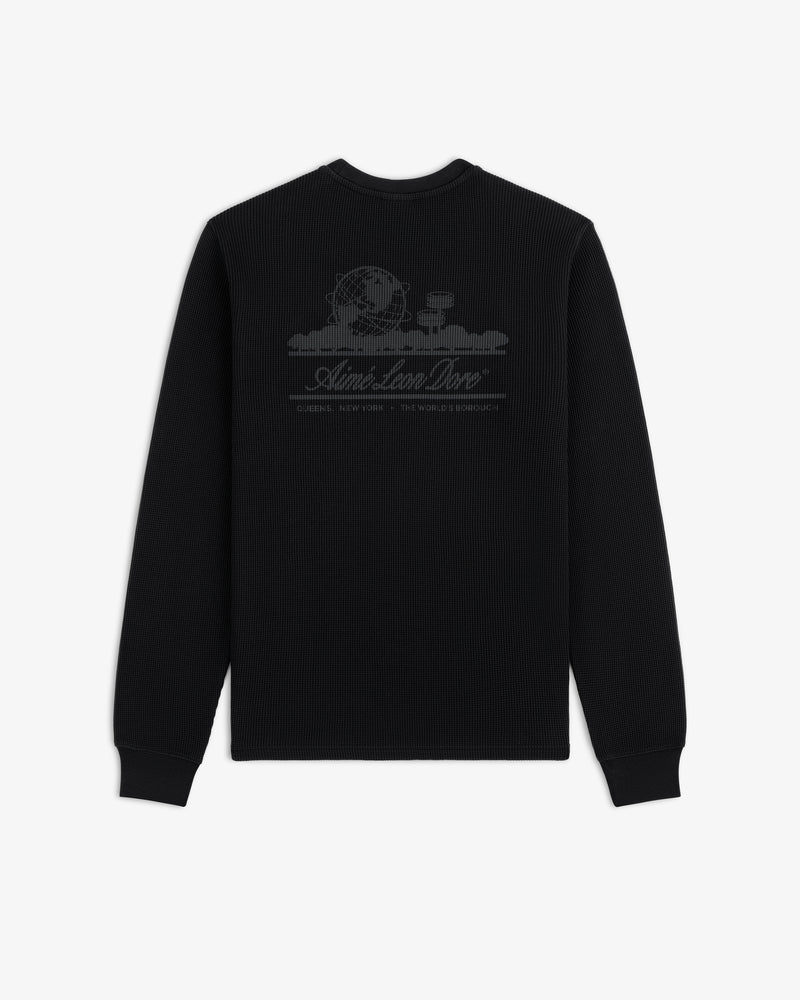 Long-Sleeve Unisphere Waffle Thermal in black with globe graphic and text on upper back, shown on white background.