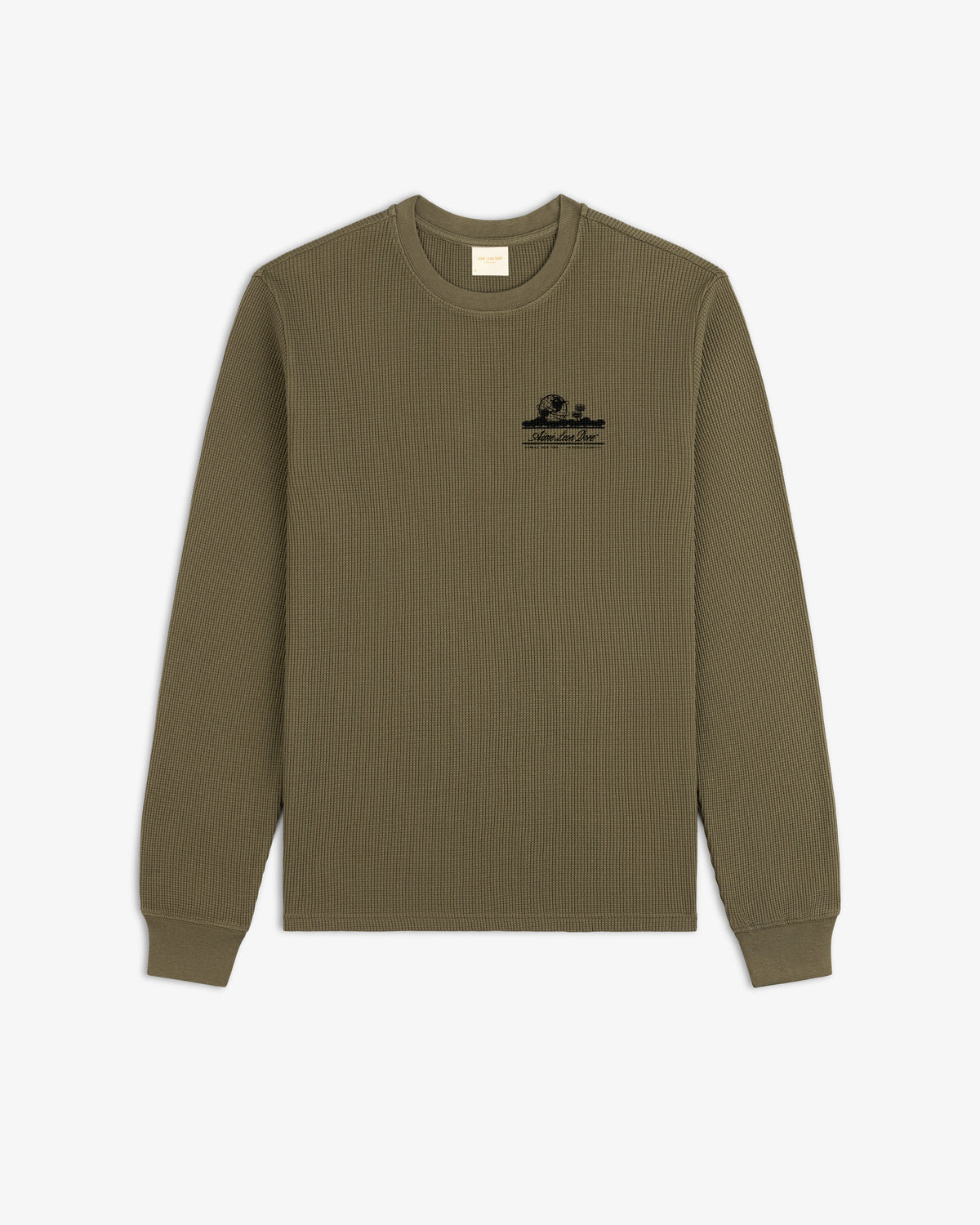 Olive Long-Sleeve Unisphere Waffle Thermal with small black graphic and text on the upper left chest.